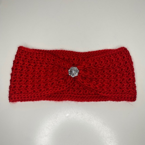 Handmade Red Crochet Ear Warmer/ Scarf/Cowl/ Neck Warmer with Rhinestone Button - Picture 3 of 6